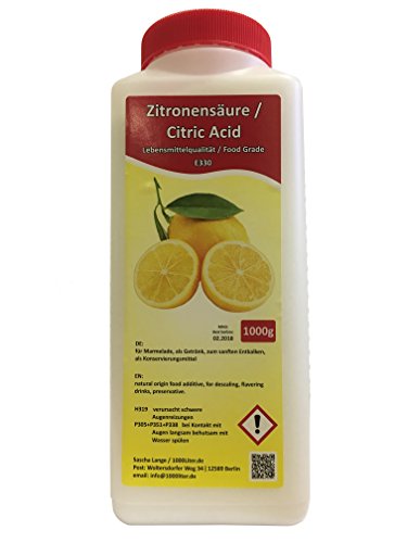 1000g Zitronensäure 1 Kg in wiederverschließbarer Flasche Lebensmittelqualität 1kg E330 Entkalker Kalklöser kristallin