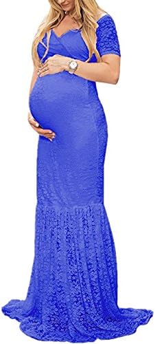 Newday Heaven Women's Off Shoulder V Neck Short Sleeve Floral Lace Maternity Gown Maxi Photography Pregnant Party Dress