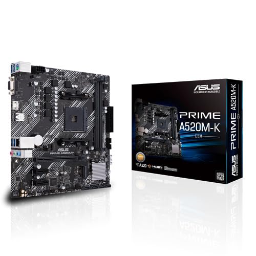 ASUS Prime A520M-K/CSM AMD A520 (Ryzen AM4) Micro ATX Motherboard with M.2 Support, 1 Gb Ethernet, HDMI/D-Sub, SATA 6 Gbps, USB 3.2 Gen 1 Type-A
