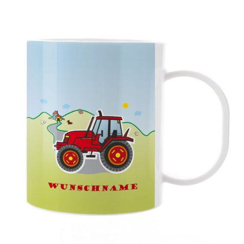 Striefchen® Kinder Tasse aus Melamin mit Wunschnamen - Motiv: Traktor
