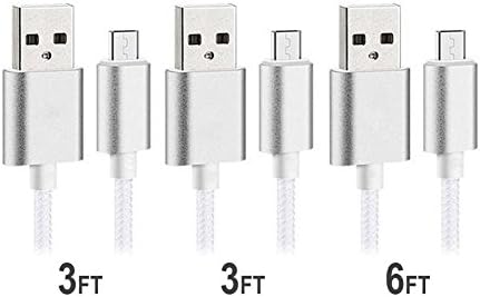 JustJamz Nylon Braided (3 Pack) Micro USB Cable 3 Feet/1 Meter &amp; 6 Feet/2 Meter Data Sync &amp; Charging Cable for Samsung and Other Android Smartphones - Silver
