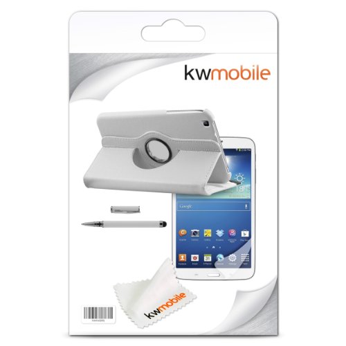 3in1 Set: kwmobile Hülle für Samsung Galaxy Tab 3 8.0 T3100 – 360° Standfunktion Case Tablet Schutzhülle Kunstleder – Smart Cover Tabletcase Weiß + Folie, kristallklar + Stylus, weiß - 7