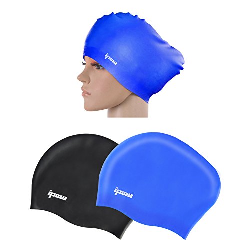 Ipow 2-Stück Hochwertige Silikon Badekappe Bademütze Badehaube für lange Haare gesund und warm Swim Cap (Schwarz + Blau) - 2