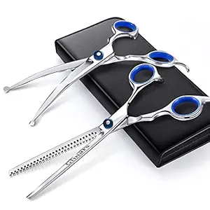 Gimars Round Tips Dog Grooming Scissors Set, Heavy Duty Titanium Coated Stainless Steel Pet Grooming Trimmer Kit - Perfect Thinning, Curved Shears for Long Short Hair, Large Small Dogs Cat Other Pets