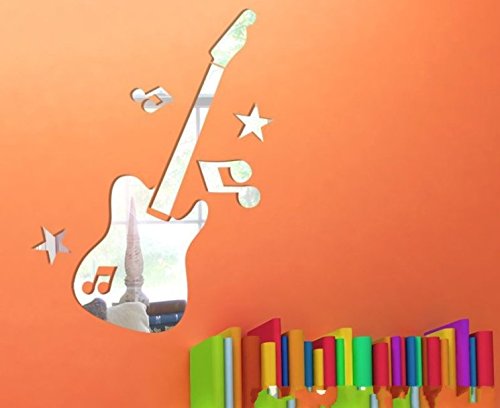 Mirror Silver Creative guitar with music note little star MirrorFashion Modern Design Removable DIY Acrylic 3D Mirror Wall Decal Wall Sticker Decoration
