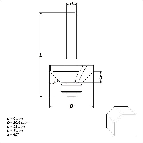 HM Fasenfräser 45° Ø 26,6 mm Schaft 6 mm Fasefräser mit Anlaufkugellager - 4