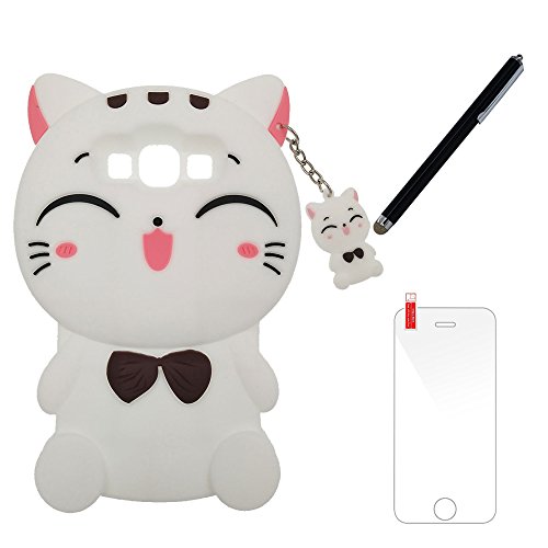 Samsung Galaxy A5  2015    J5  2015    E5 Funda  BENKER Im  genes de Dibujos Animados en 3D de Alta Calidad de Silicona Carcasa de Telefono  Gato Blanco Pluma Capacitiva Cristal Templado 