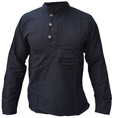 Little Kathmandu Hommes Coton Été Grandad Manche Longue Chemises Black X-Large
