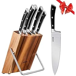 Aicok Ensemble de couteaux, Couteaux de chef avec bloc en bois, Set de couteaux professionnels, Lot de couteaux en acier inoxydable à haute teneur avec support en bois, 6 pièces.