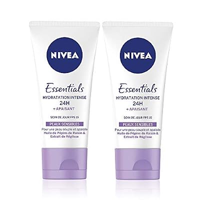 NIVEA Soin de Jour Essentials 24H Hydratant +Apaisant (2 x 50 ml), crème hydratante visage et corps, soin femme & homme aux Pépins de Raisin et Réglisse