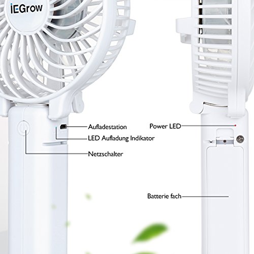 iEGrow USB Ventilator Leise Mini Handventilator Ventilatoren Lüfter mit Batterie Weiß - 5