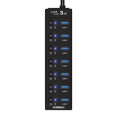 USB 3.0 Hub 7 port IMISON Extra Slim LED Kontrolllampe with On/off Switch High-speed Data Transfer USB Hub mit Ladeports 3.51.35 Power Jack [BC 1.2] [Black] - 2