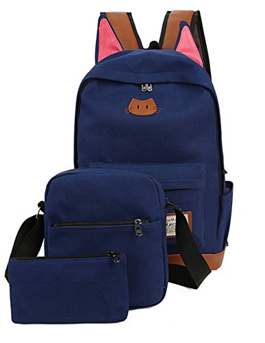 Moolecole Super Cute Cat Ears School Backpack Bag with Shoulder Bag & Pencil Case Pounch,3PCS Set Dark Blue