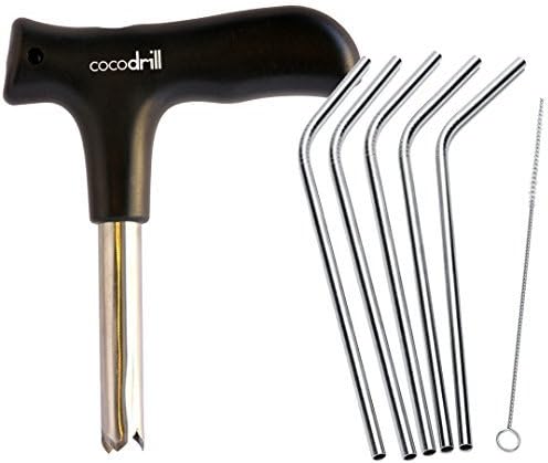 CocoDrill Coconut Opener Tool + 5 Reusable Straws -COMBO PACK - Stainless Steel Drinking - 1 metal straw + Cleaner - Eco Friendly, SAFE, NON-TOXIC by CocoDrill