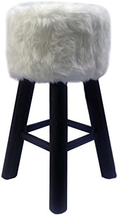 Round Stool White Faux Fur With Black Pine Legs Large