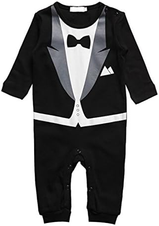 Tuxedo Onesie for Boys | Baby Romper Suit White and Black | Sizes 70, 80, 90, 100 | Suit with Bow Tie | 3 - 18 Months, black, 70 (EU)