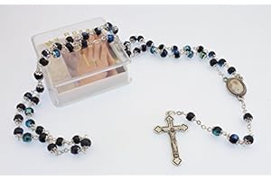 C BC Black iridescent glass Pope Francis capped rosary beads in box My Rosary