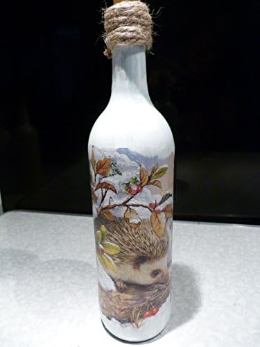 Hedgehog handmade Decoupage decorated wine bottle with cork &amp; 20 LED lights, Christmas gift, Handcrafted