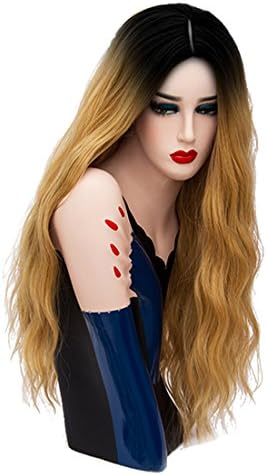 Priomix 70CM Long Wavy Curly Black Roots Ombre Synthetic Anime Cosplay Christmas Party Costumes Wigs for Women +Free Wig Cap (Ombre Flaxen Gold)