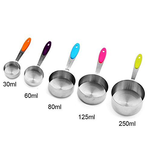 YIAN 5er Messlöffel Edelstahl Measuring Cups Messbecher mit rutschfester Silikon Griff 250ML/125ML/80ML/60ml/30ml Best für Küche Kochen Backen - 5