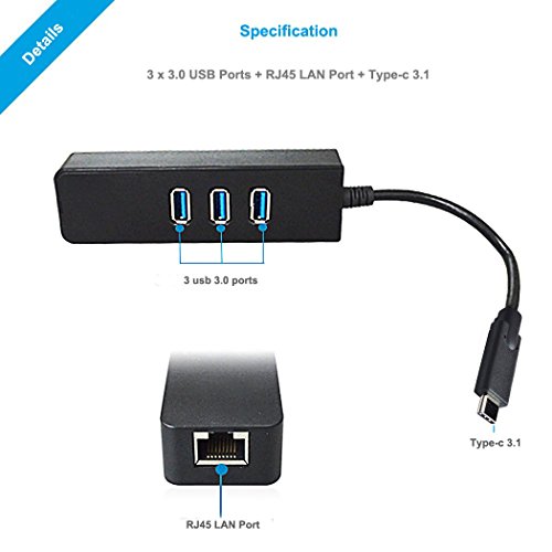 Mini-USB-C 3.1 Typ C-Hub mit drei USB 3.0 Ports RJ45 LAN-Ethernet-Netzwerk-Port-Max 1000 Mbps BSR International - 3