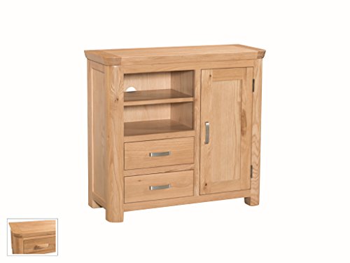 Bevel Natural Solid Oak Media Unit Sideboard with 2 Shelves, 2 Drawers and 1 Door - Finish : Light Oak - Living Room Furniture