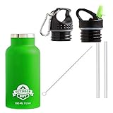 2 PRAKTISCHE DECKEL: Hängen Sie die Edelstahl Trinkflasche für Kinder wahlweise außen an den Rucksack mit dem Karabiner-Deckel. Ihr Kind kann noch nicht so gut mit Schraubdeckeln umgehen? Kein Problem, verwenden Sie den Sportaufsatz mit Strohhalm und Trinkstutzen zum Klappen. Dazu Ersatzstrohhalm und Reinigungsbürste für den Deckel.