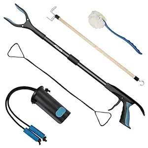 5-Piece Hip Knee Replacement Recovery Kit, 32-inch Foldable Reacher Grabber with Shoehorn, Dressing Aids Stick for Seniors, Sock Aid Device, Leg Lifter, Long Handled Bath Sponge