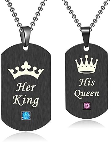 His and Hers Matching Set Stainless Steel "His Queen" and "Her King" Couple Pendant Necklace- NK529