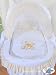 TEDDY BEAR WHITE WICKER CRIB MOSES BASKET BASSINET WITH HOOD SOLID WHITE WOOD BASE AND WHITE/CREAM BEDDING