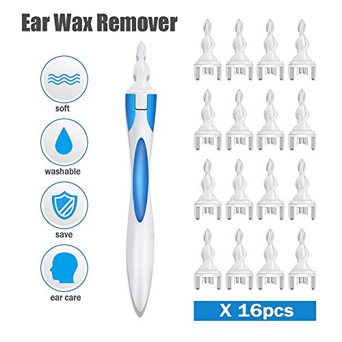 Ear Wax Remover,Ear Cleaner Tool Kit,Safe & Soft Spiral Earwax Removal Tool with 16 pcs Silicone Washable Tips.Ear Cleaner System.Potable Professional Package Great Gift Set-Suitable for Kids&Adults