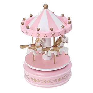 Wooden Carousel Music Box Wooden Decorative Toy Desktop Musical Box Gifts for Christmas Birthday Valentine's Day (Pink)
