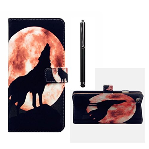 Sony Xperia E5 Hülle Handytasche, MUTOUREN 2 in 1 Zubehör für Sony Xperia E5 Slim PU Tasche Klapp Flip Folding Magnetisch PU Leder Flip Cover Tasche mit Kartensteckplatz Brieftasche Hinterschale Kartenschlitz + Metall Stift Stylus - Wolf