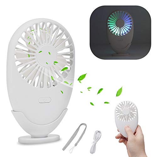 FrideMok Mini Ventilador Portátil, Ventiladores de Mano Eléctrico Ventilador de Viaje USB Recargable de Bolsillo con Luces de Colores para el hogar/Oficina/Dormitorio/al Aire Libre(Blanco)