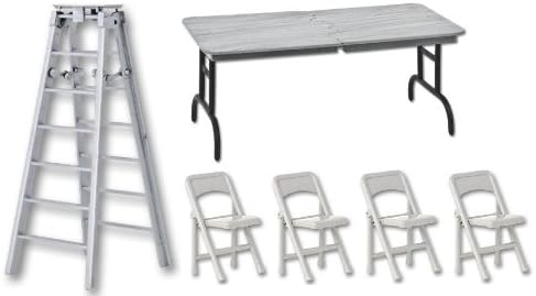 6" Silver Folding Ladder, Breakaway Table & 4 Silver Folding Chairs - Wrestling Figure Accessories (For WWE/TNA Action Figures)