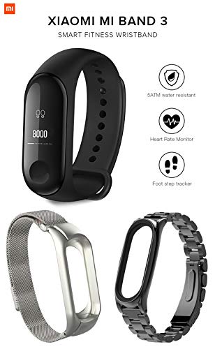 Pack Xiaomi Mi Band 3 + 2 Pulseras de Acero - Smartwatch y Pulsera de Actividad con Monitor de Pulso Cardíaco, Pantalla 0.78'' Full OLED táctil, notificaciones, Sumergible 50m. Versión Europea