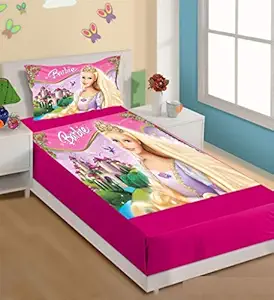 THE HOME STYLE 3D Digital Print Velvet bedsheet Single Bed with 1 Pillow Cover- Barbie Princess Bedsheet