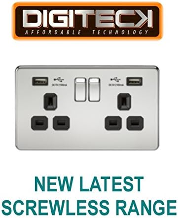 ML223 - LATEST SCREWLESS 2 GANG 13A DP SWITCHED SOCKET WITH DUAL USB CHARGER PORT POLISHED CHROME FINISH WITH BLACK INSERT