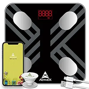 ActiveX (Australia) Savvy Plus - Rechargeable Digital Body Composition Body Fat Scale With Free ActiveX app and Free Pop-Socket Mobile Holder- Charcoal Black