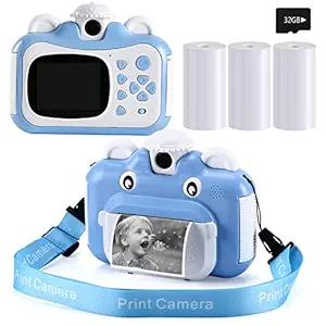 Barchrons Instant Print Digital Kids Camera 1080P Rechargeable Kids Camera for Girls Video Camera with 32G SD Card for 6-12 Years Old Birthday Gift