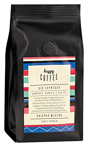 Preisvergleich Produktbild HAPPY COFFEE Bio Espresso Bohnen 250g / Fairtrade Arabica Kaffee-Bohnen direkt aus Mexiko / Schonend geröstet in Hamburg / Perfekt für Kaffeeautomat, Espressomaschine und Siebhalter