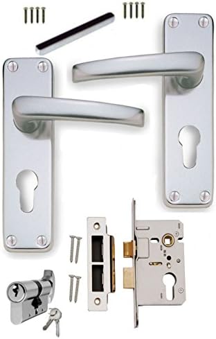 SAA (Satin Aluminium) Euro Lever Lock Door Handles +64mm Euro Sashlock + 70mm Cylinder & Turn