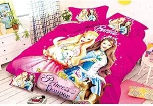 SAI-ENTERPRISES Kids Cartoon Double bedsheet Set with 2 Pillow Covers in Pure Cotton for Girls / Unisex , Size - 90x100 inches. (Barbie / Princess)
