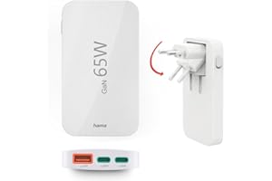 Hama Chargeur Rapide USB-C 65W GaN 3 Ports, sur Secteur, 2X USB-C 65W, 1x USB-A 18W, Mini-Chargeur PD Ultra Plat, Compact et Pliable, Qualcomm Quick Charge, pour PC, Smartphone, Tablette, Blanc