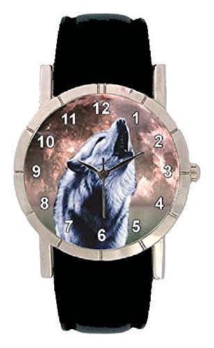 Heulender Wolf Motiv Damenuhr mit Lederarmband
