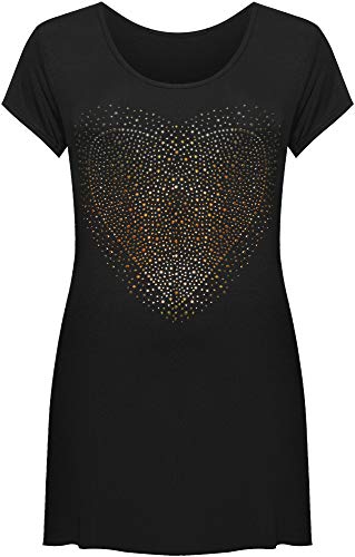 WearAll - Mujeres Tallas Grandes Manga Corta Pañuelo Dobladillo Corazón Tachonado Largo Top - Negro - 54-56