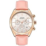 JEDIR Damenuhr Analog Chronograph Quartz Dial mit Datumsfenster Metallgehäuse Kalbslederband (Rosa)