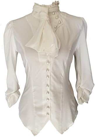 White Ivory Steampunk Gothic Victorian Pirate Cravat Ruffle Vamp Button Blouse Top (14 X-Large)