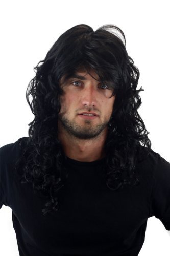 GLAMOUROUS Quality Man Unisex Wig Glam Rock Rocker Metal LONG backcombed curly curls BLACK voluminous GFW806-1B 55 cm
