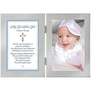 Baby Boy Gift Baptism Blessing Card in Double Frame - Add 4x6 Inch Photo